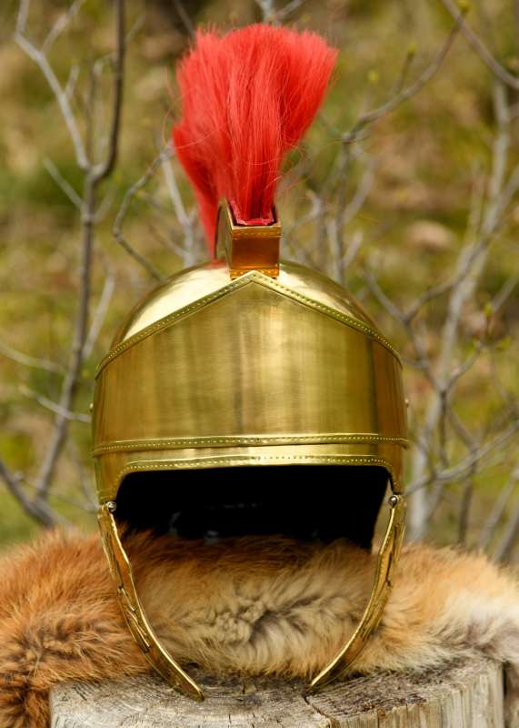 Attic helmet from brass with plume, about 300 BC